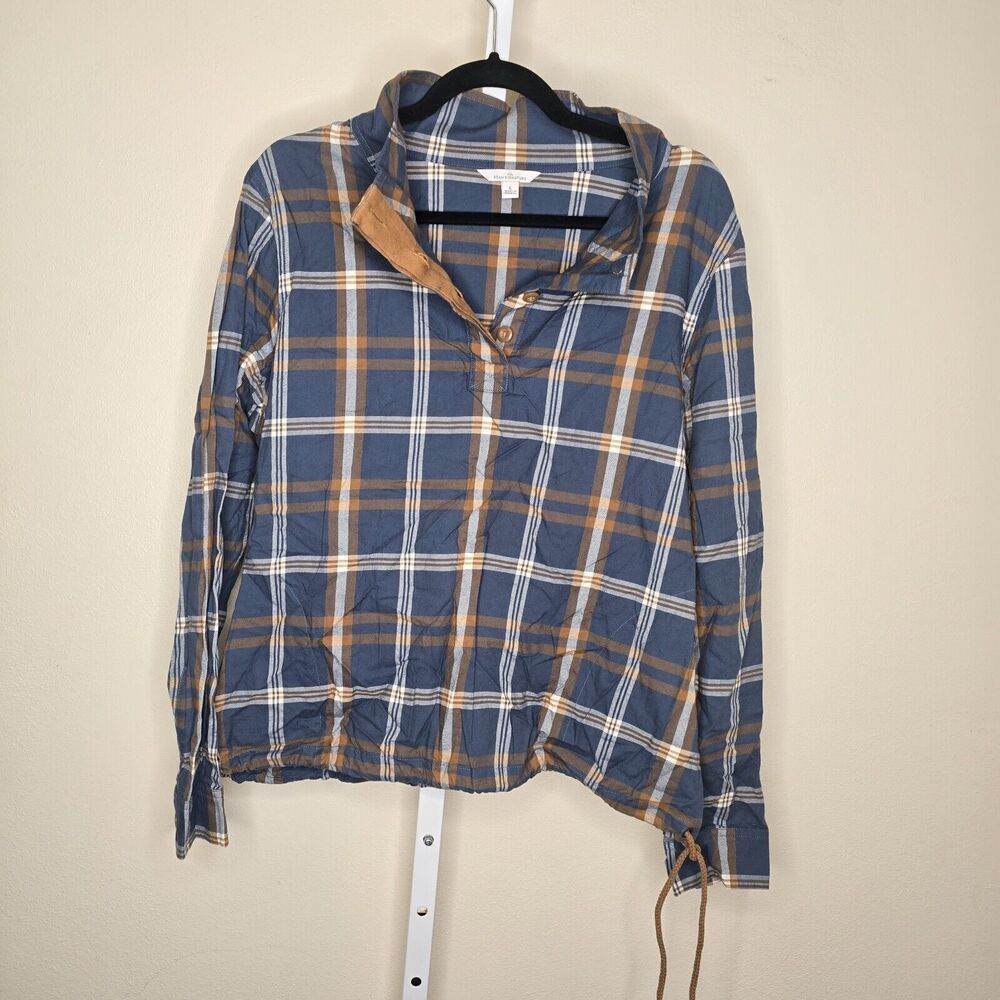 L.L. Bean Signature Women's L Grayish Blue Plaid 1/4 Button Pullover Drawstring - Picture 1 of 14